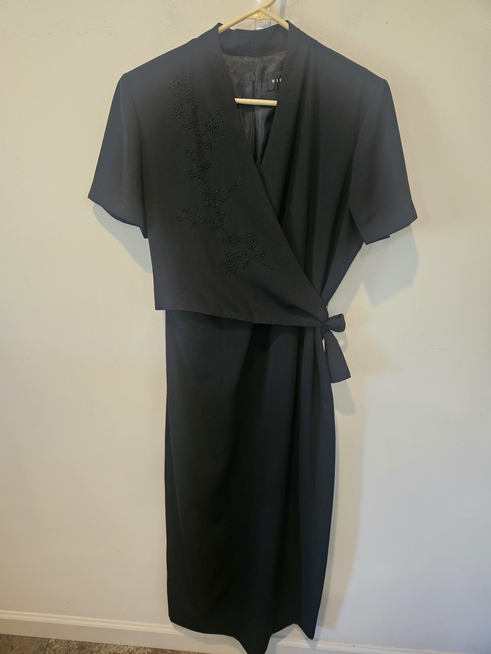 Elegant Black Faux Wrap Maxi Dress with Side Tie Size 14